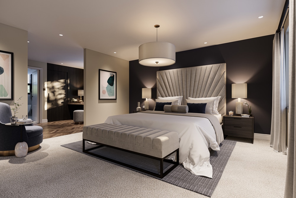 Master-Bedroom-C01 Comfortable and modern furnished bedroom with natural lighting