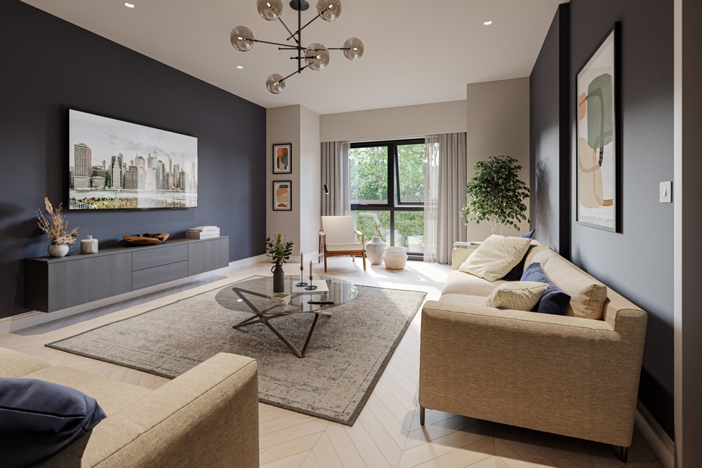 Room-C01 Comfortable and modern furnished living room with natural lighting.